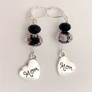 Sale MOM handmade 925 sterling silver pink and black rose charm earrings